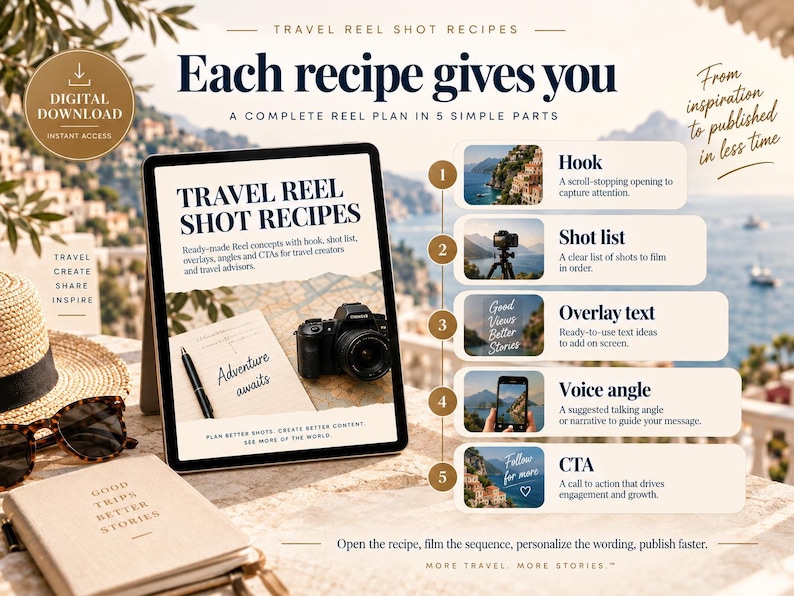 May include: A digital tablet displays a Travel Reel Shot Recipes guide featuring a camera and notebook. The screen lists five parts: Hook, Shot list, Overlay text, Voice angle, and CTA. Beside the tablet are a straw hat, sunglasses, and a notebook.