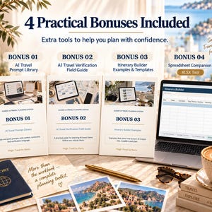 May include: A digital travel planning system featuring four bonus guides: AI Travel Prompt Library, AI Travel Verification Field Guide, Itinerary Builder Examples, and Spreadsheet Companion. Includes a laptop, passport, pen, and travel photos.
