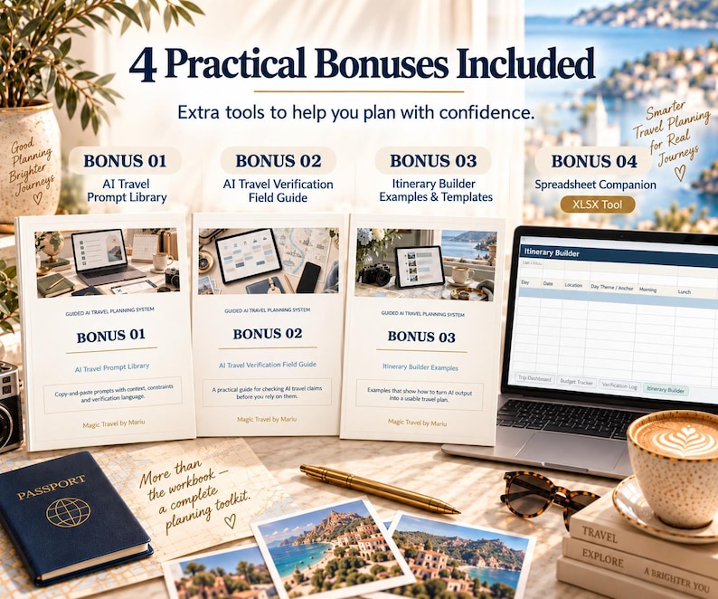 May include: A digital travel planning system featuring four bonus guides: AI Travel Prompt Library, AI Travel Verification Field Guide, Itinerary Builder Examples, and Spreadsheet Companion. Includes a laptop, passport, pen, and travel photos.