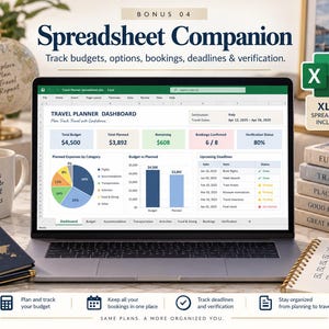 May include: A laptop screen displaying a travel planner spreadsheet dashboard with budget, booking, and deadline tracking. The interface includes a pie chart, bar graph, and status tables. Text includes Bonus 04 Spreadsheet Companion and XLSX Spreadsheet Included.