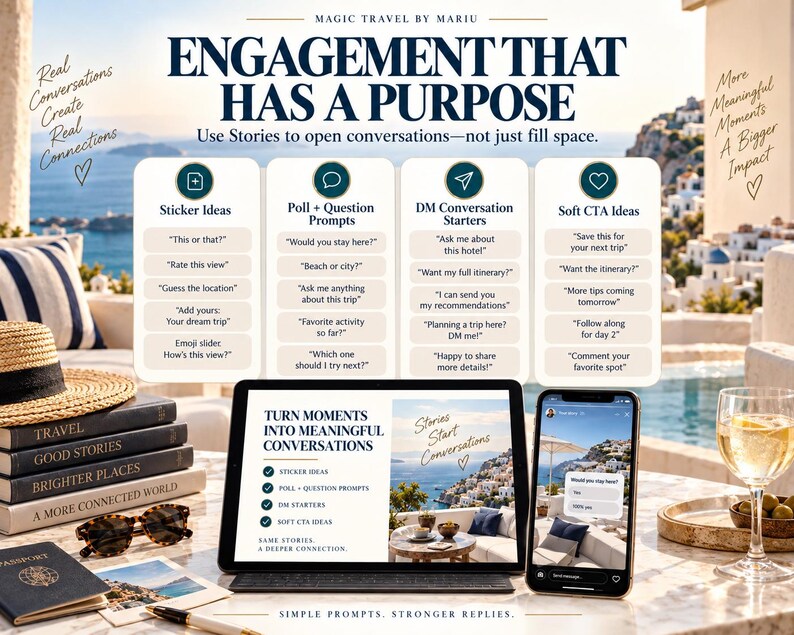 May include: An educational graphic titled Engagement That Has A Purpose, featuring lists of social media prompts like Sticker Ideas, Poll + Question Prompts, DM Conversation Starters, and Soft CTA Ideas, displayed on a tablet and smartphone screen.