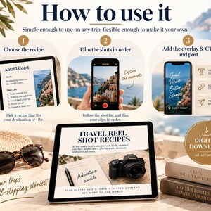 May include: A digital download guide titled Travel Reel Shot Recipes displayed on a tablet screen, featuring instructions for filming travel content. The image includes a straw hat, sunglasses, and books, with text overlays explaining the three-step process.