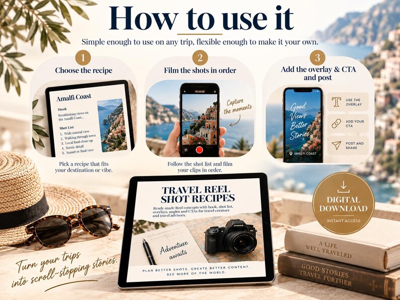 May include: A digital download guide titled Travel Reel Shot Recipes displayed on a tablet screen, featuring instructions for filming travel content. The image includes a straw hat, sunglasses, and books, with text overlays explaining the three-step process.