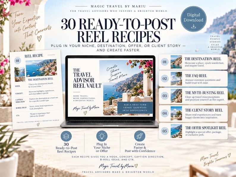 May include: A digital download product titled 30 Ready-to-Post Reel Recipes for travel advisors. The image displays a laptop screen showing The Travel Advisor Reel Vault, a printed recipe guide, and a list of five reel types including destination, FAQ, myth-busting, client story, and offer spotlight reels.