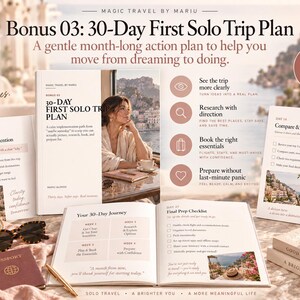 May include: A 19-page 30-Day First Solo Trip Plan guide featuring a cover with a coastal photo, interior pages with checklists, and travel-themed text. The set includes a straw hat, sunglasses, a passport, a pen, and a coffee cup on a table.