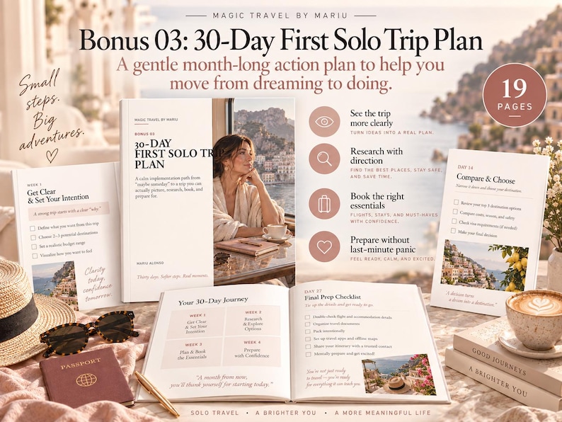 May include: A 19-page 30-Day First Solo Trip Plan guide featuring a cover with a coastal photo, interior pages with checklists, and travel-themed text. The set includes a straw hat, sunglasses, a passport, a pen, and a coffee cup on a table.