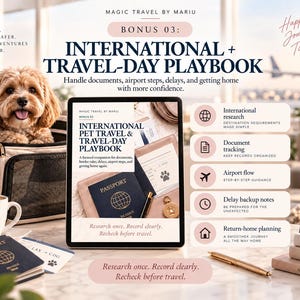 May include: A digital tablet displays the International Pet Travel & Travel-Day Playbook, surrounded by a pet carrier with a small dog, a passport, a coffee mug labeled Good Journeys, a gold pen, and a stack of books titled Pets, Travel, and A Brighter World.