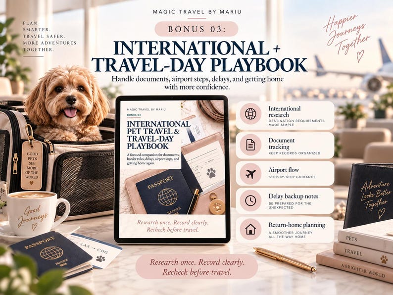 May include: A digital tablet displays the International Pet Travel & Travel-Day Playbook, surrounded by a pet carrier with a small dog, a passport, a coffee mug labeled Good Journeys, a gold pen, and a stack of books titled Pets, Travel, and A Brighter World.