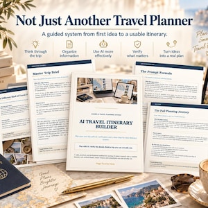 May include: A collection of printed travel planning documents titled AI Travel Itinerary Builder, featuring sections like Master Trip Brief and The Prompt Formula. The pages include text, icons, and headings on a desk with a passport, pen, and coffee.