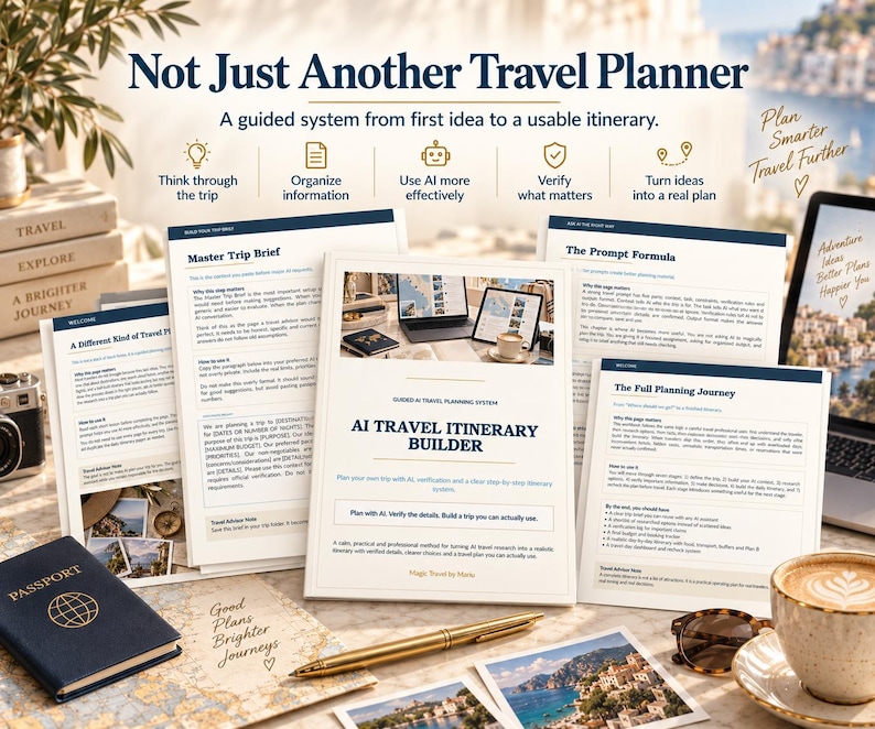 May include: A collection of printed travel planning documents titled AI Travel Itinerary Builder, featuring sections like Master Trip Brief and The Prompt Formula. The pages include text, icons, and headings on a desk with a passport, pen, and coffee.