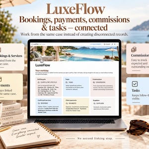 May include: A laptop screen displays the LuxeFlow software interface for managing travel bookings, payments, commissions, and tasks. The screen shows a dashboard with organized sections for client lifecycles, services, and financial tracking.