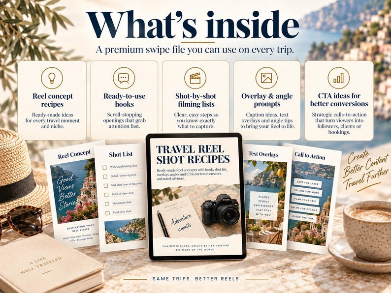 May include: A digital guide titled Travel Reel Shot Recipes displayed on a tablet, surrounded by a straw hat, sunglasses, a notebook, and a coffee cup. The guide features sections on reel concepts, hooks, shot lists, overlays, and call-to-action ideas.