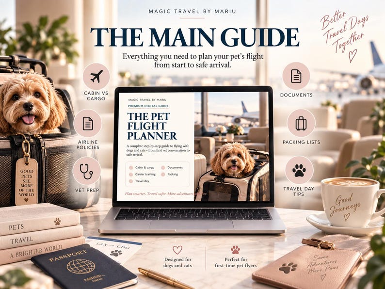 May include: A digital pet flight planner guide displayed on a laptop screen, surrounded by travel accessories including a pet carrier with a dog, a passport, stacked books, a coffee cup, and icons for airline policies, documents, and vet prep.