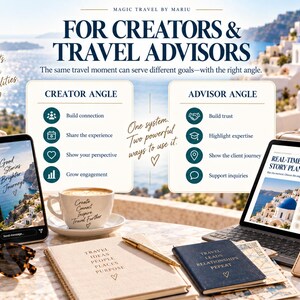 May include: A digital marketing guide for creators and travel advisors titled Magic Travel by Mariu. The graphic features a smartphone, a laptop displaying a Real-Time Story Planner, a coffee cup, notebooks, sunglasses, and a straw hat on a table.
