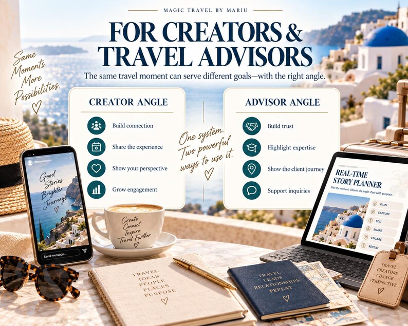 May include: A digital marketing guide for creators and travel advisors titled Magic Travel by Mariu. The graphic features a smartphone, a laptop displaying a Real-Time Story Planner, a coffee cup, notebooks, sunglasses, and a straw hat on a table.