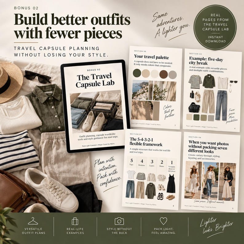 May include: A digital tablet displaying The Travel Capsule Lab guide surrounded by clothing items including a straw hat, sunglasses, a white ribbed top, a striped shirt, beige trousers, and white sneakers, alongside printed pages detailing travel planning.