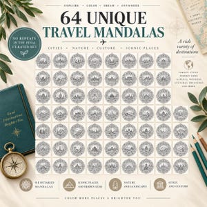 Travel Mandala Coloring Book for Adults | 64 Printable Travel Coloring Pages | PDF + PNG | Digital & Tablet Coloring image 4