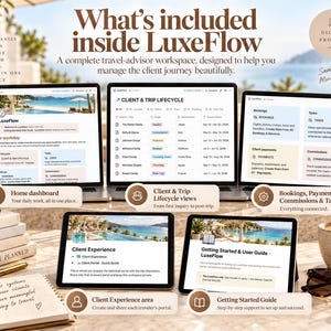 May include: A digital product workspace titled LuxeFlow displayed on three laptop and tablet screens, featuring a home dashboard, client and trip lifecycle views, booking and payment trackers, client experience portals, and a getting started guide.
