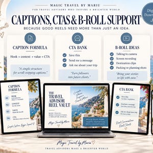 May include: A digital download product for travel advisors featuring a laptop, two tablets, and a smartphone displaying marketing content. The screens show text including Captions, CTA Bank, B-Roll Ideas, and The Travel Advisor Reel Vault.