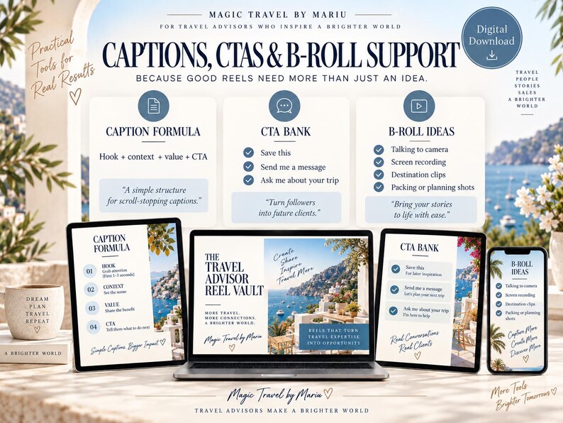 May include: A digital download product for travel advisors featuring a laptop, two tablets, and a smartphone displaying marketing content. The screens show text including Captions, CTA Bank, B-Roll Ideas, and The Travel Advisor Reel Vault.