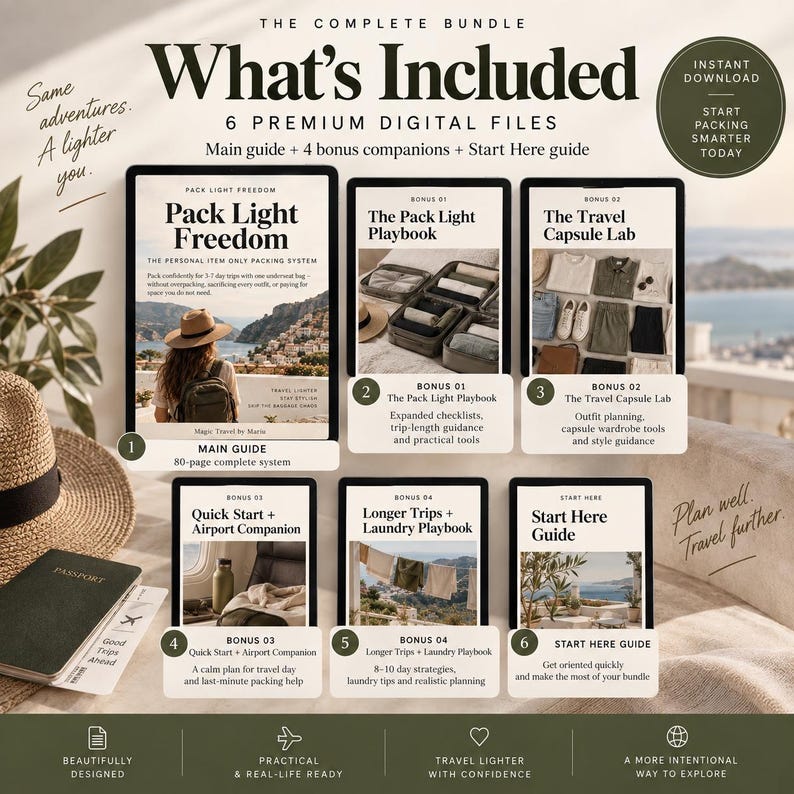 May include: A digital bundle titled Pack Light Freedom featuring six documents: a main guide, four bonus companions, and a start here guide. The covers display travel imagery, including a person with a backpack, packing cubes, clothing, and landscapes.