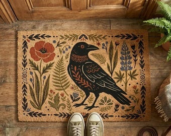 Tapete de boas-vindas com corvo em estilo folk art, tapete floral de fibra de coco para entrada, decoração boho cottagecore.
