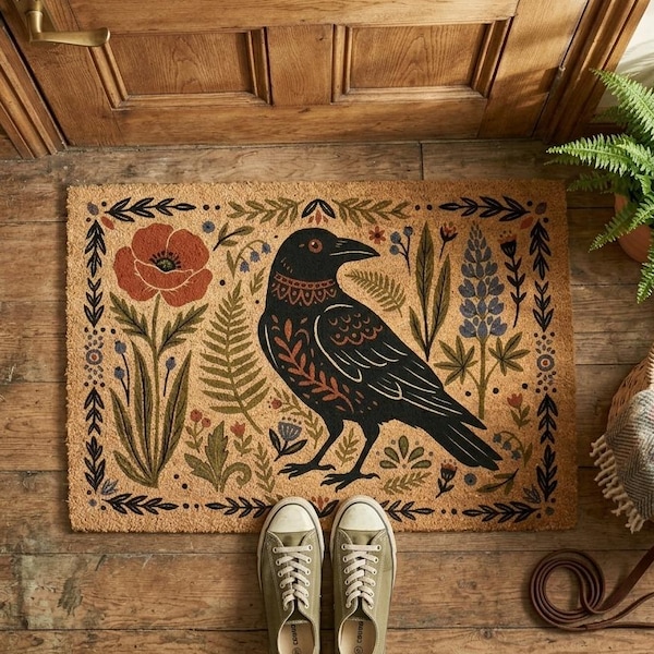 Folk Art Raven Doormat, Woodland Floral Coir Welcome Mat, Boho Cottagecore Entrance Décor