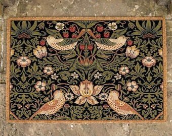 Felpudo Strawberry Thief de fibra de coco, alfombra botánica con pájaros de William Morris, decoración Arts & Crafts.