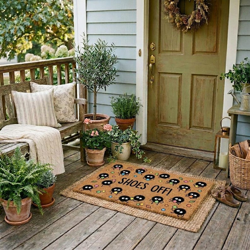 May include: A welcoming front porch scene with a wooden bench, potted plants, and a doormat. The doormat is brown with a repeating cartoon character design and the words "SHOES OFF!". A wreath hangs on the green front door. A pair of brown shoes sits near the mat.