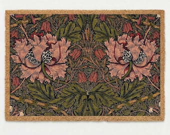 Felpudo de amapola de William Morris, felpudo floral botánico vintage, alfombra de estilo Arts and Crafts.
