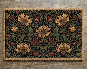 Felpudo William Morris Golden Lily, felpudo de bienvenida floral botánico vintage, alfombra de estilo Arts and Crafts.