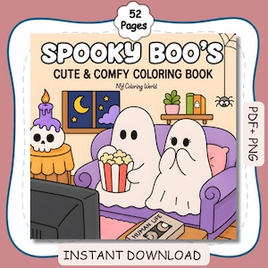 Puede incluir: Un libro de colorear digital de 52 páginas titulado SPOOKY BOO'S CUTE & COMFY COLORING BOOK de NY Coloring World. La portada muestra dos fantasmas blancos en un sofá morado viendo la televisión con palomitas, una vela de calavera y una cinta VHS.