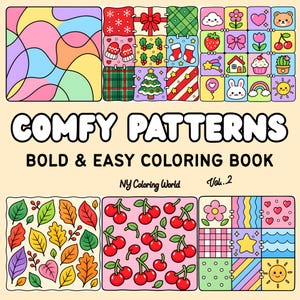 May include: A coloring book titled COMFY PATTERNS BOLD & EASY COLORING BOOK Vol. 2 by NY Coloring World. The cover features various grid-based illustrations including abstract shapes, holiday motifs, cute icons, autumn leaves, cherries, and geometric patterns.