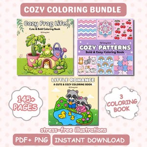 May include: A digital coloring bundle featuring three books: Cozy Frog Life, Cozy Patterns, and Little Romance. The set includes 145+ pages of illustrations in PDF and PNG formats, available for instant download, featuring frogs, cats, and raccoons.