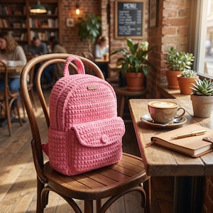 May include: A pink crochet backpack with a flap pocket and button closure sits on a wooden chair. The backpack has a top handle and a small rectangular tag. The background shows a cafe setting with a coffee cup and a notebook.