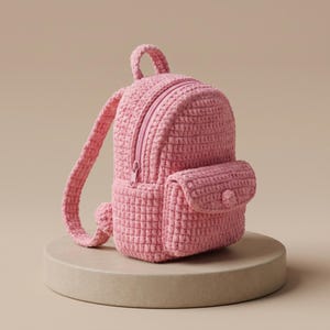 Pode incluir: Uma pequena mochila rosa de crochê com um compartimento principal com zíper e um bolso frontal com fecho de botão. A mochila tem alças ajustáveis e uma alça superior. O item é exibido em um pedestal circular bege.