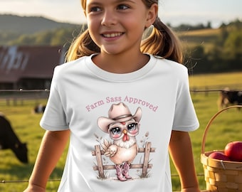 Farm Sass Approved Chick Youth Tee | Cute Baby Chick in Cowboy Hat, Farm Animal Kids Shirt