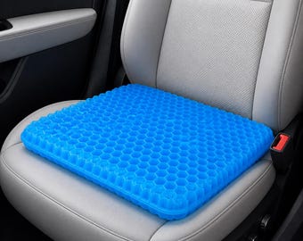 Cojín de asiento de gel con diseño de panal azul: refrescante, transpirable y con alivio de presión.