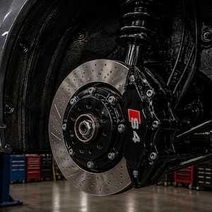 May include: A high-performance automotive brake system featuring a large, circular, cross-drilled metal brake rotor with a central hub. A black brake caliper is mounted to the side, prominently displaying the white S4 logo on its surface.