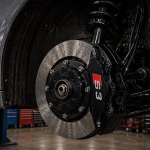 May include: A high-performance automotive brake system featuring a large, circular, cross-drilled metal brake rotor with a central hub. A black brake caliper is mounted to the side, prominently displaying the white and red S3 logo text.