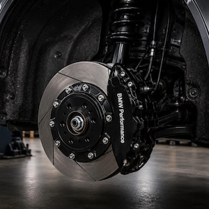 Pode incluir: Um sistema de travagem automóvel de alto desempenho com um disco de travão metálico ranhurado, um cubo central preto e uma pinça de travão preta. A pinça apresenta o texto branco BMW Performance, posicionado junto à suspensão.