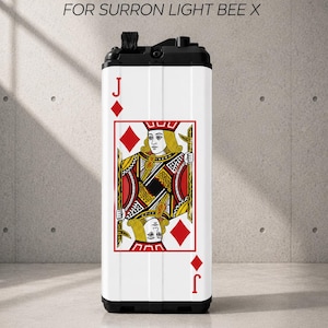 May include: A white battery sticker for a Surron Light Bee X featuring a Jack of Diamonds playing card graphic. The design includes the letter J and a diamond symbol in the corners, with a central illustration of a king figure in red and gold.