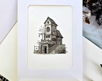 Scalini in pietra / Disegno architettonico originale a inchiostro 4x6" / Paesaggio / Schizzo a penna fatto a mano / Arte murale minimalista / Opera d'arte unica