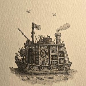 May include: A black and white ink illustration of a small boat on water. The boat features a cabin with a door, a porthole, a bookshelf, a chimney with smoke, a pirate flag, a fishing pole, and a cat on the roof. The word MINE is on the cabin.