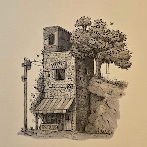 May include: A black and white ink illustration of a multi-storey stone building with a textured facade, a striped awning over the ground floor entrance, a utility pole with wires, and a large tree growing on a rocky cliffside next to the structure.