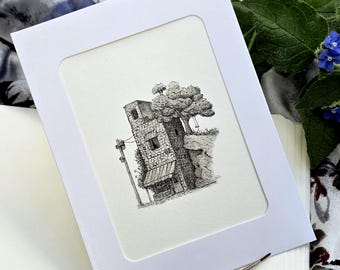 Dibujo arquitectónico original a tinta, boceto a pluma hecho a mano, ilustración de líneas finas, arte minimalista para pared, obra de arte única.