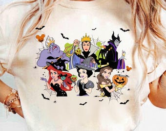 Halloween-shirt Disney-schurken, boze koningin Maleficent Ursula Ariel Belle Sneeuwwitje Halloween-T-shirt, spookachtig Disney-shirt