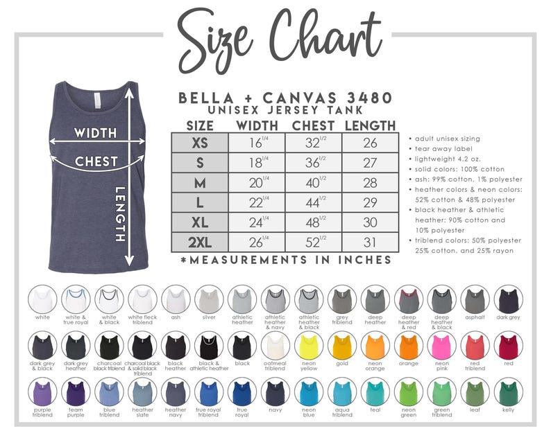 May include: A size chart for the Bella + Canvas 3480 unisex jersey tank top. The graphic displays a dark grey tank top with measurement arrows, a table listing sizes XS to 2XL with width, chest, and length in inches, and color swatches.