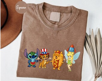 Leuk shirt patriottische doodle, retro 4 juli-shirt, shirt watermeloen en hotdog vuurwerk, grappig Amerikaans zomercomfort kleuren T-shirt