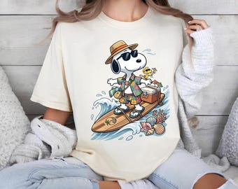 Shirt zomervakantie Snoopy, T-shirt surfen Beagle Beach, tropisch Hawaiiaans grafisch shirt, T-shirt zomervakantie kust